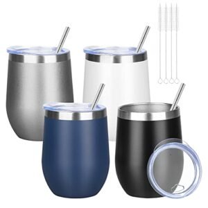 12oz/4 Pack Wine Tumbler Glasses with Lid Stemless Double Wall Vacuum Stainless Steel Travel Tumbler Keeping Cold & Hot for Wine,Coffee,Cocktails,Drinks-Family and Gifts (Multi color-dark)