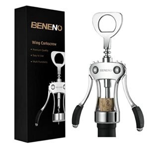 Beneno Wine Opener, Zinc Alloy Premium Wing Corkscrew with Multifunctional Bottles Opener, Sharp Wine Corkscrew with Ergonomic Non-Slip Wing Handle, Upgrade