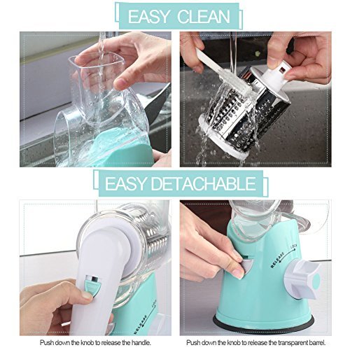 Cambom Rotary Cheese Grater Hand Crank Cheese Shredder for Fresh Cheese, Vegetable, Nuts,Non-slip Suction Base, Free Cleaning Brush Three Blades, Blue