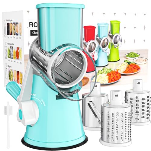 Cambom Rotary Cheese Grater Hand Crank Cheese Shredder for Fresh Cheese, Vegetable, Nuts,Non-slip Suction Base, Free Cleaning Brush Three Blades, Blue