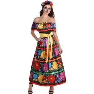 Multicolor Sugar Skull Beauty Dress & Headband Set - Enchanting Day of the Dead Costume 9 Day of the Dead Costume