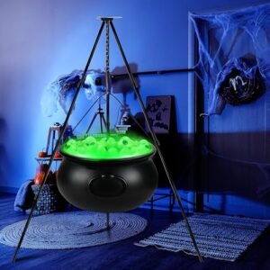 Plastic Witch Cauldron on Tripod with Eyeball String Lights, Black Plastic Witches Bowl Candy Bucket 7 Witch Cauldron